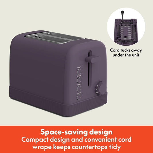 bella 2 Slice Toaster, 6 Setting Shade Control w Reheat, Cancel, Bagel & Defrost Buttons, Removable Crumb Tray, Anti Jam & Auto Shutoff, Auto Centering Guides & Cord Wrap, 900 Watt, Plum