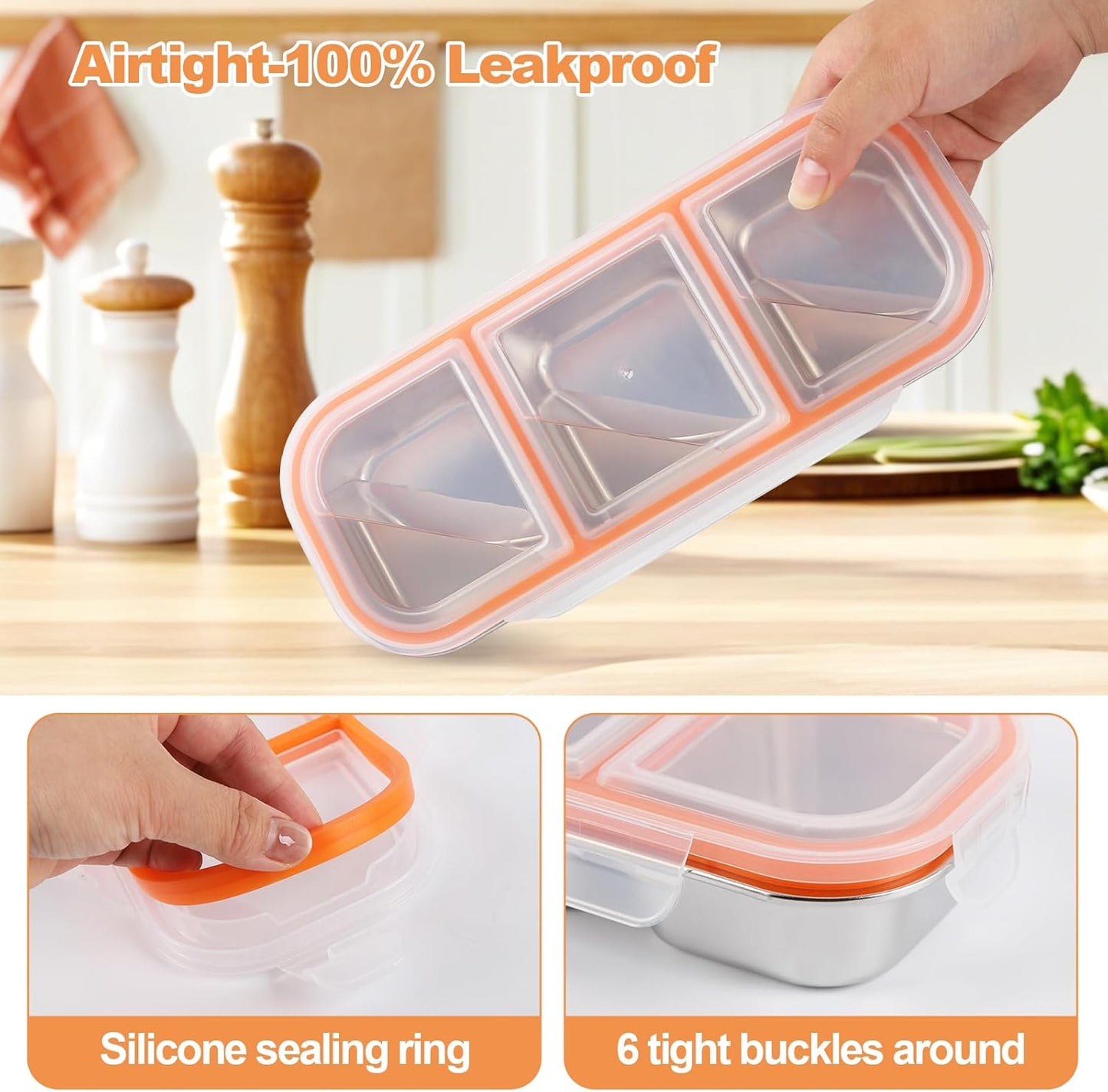 Stainless Steel Snack Containers with Lids, 3 Compartment Leakproof Reusable Snack Box for Nuts, Fruits- Divided Grab & Go Container for School, Office, Travel