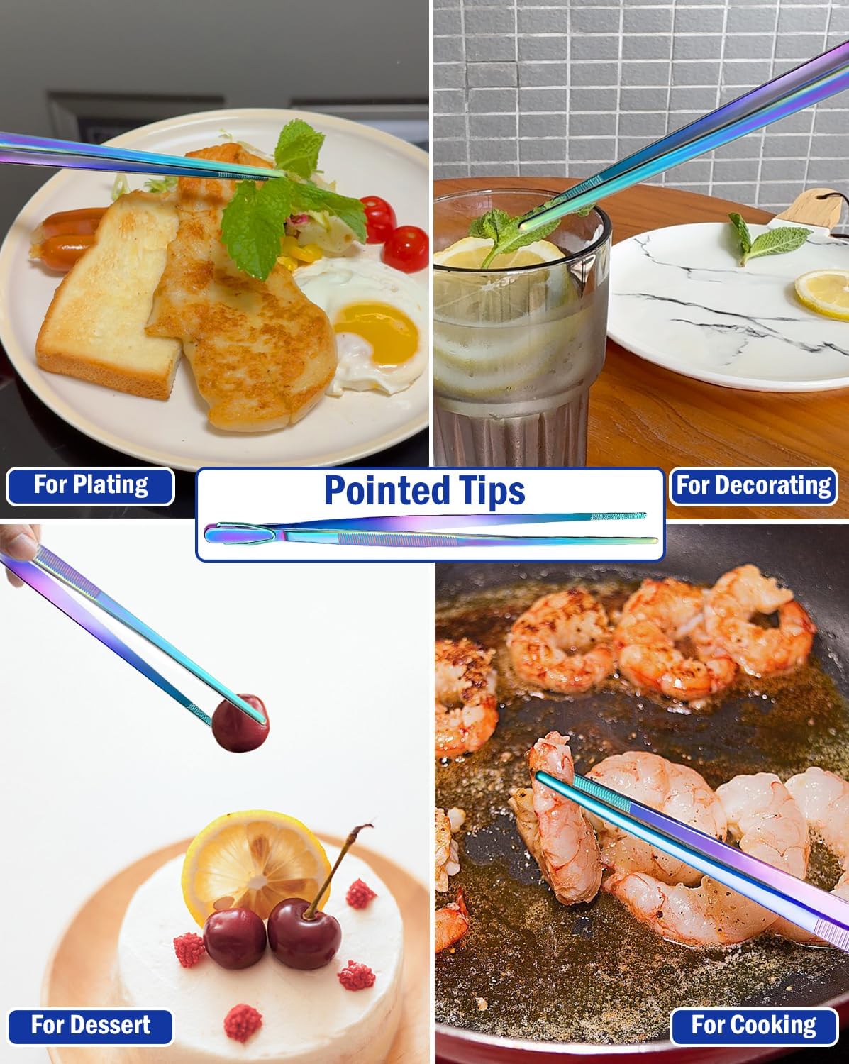 JETKONG 4 Pcs Kitchen Tweezers, 12'' and 10'' Stainless Steel Cooking Tweezers Set, High-Precision Tweezers Tongs for Cooking, Repairing, Seafood and BBQ (Rainbow)