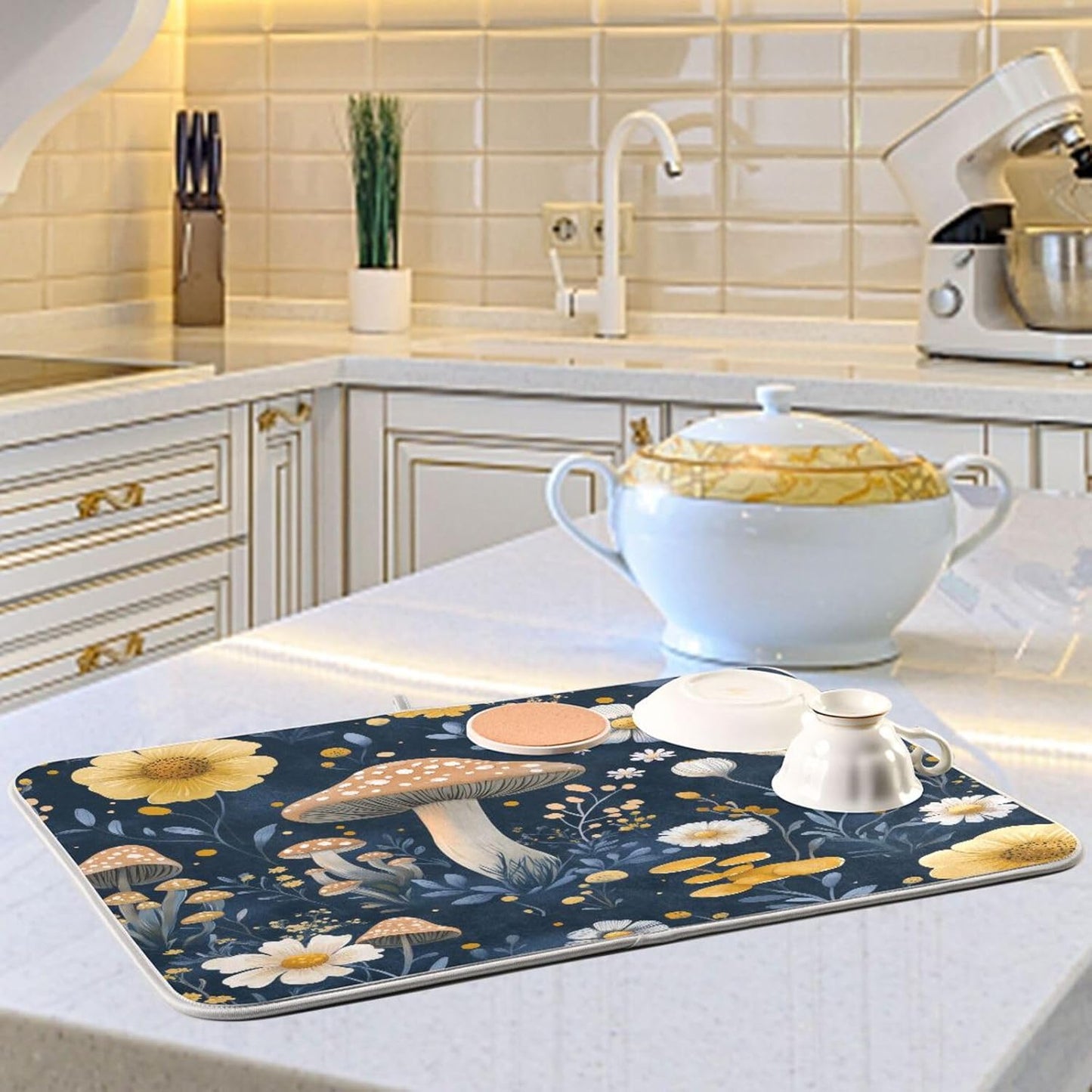 Wildflowers and Mushrooms Dish Drying Mat for Kitchen Counter Super Absorbent Dishes Pad Reversible Microfiber Protector Dish Draining Mats 16x18 inch