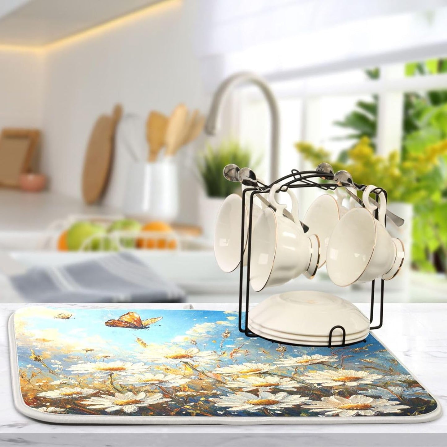 Daisies and Butterfly Painting Dish Drying Mat for Kitchen Counter Super Absorbent Dishes Pad Reversible Microfiber Protector Dish Draining Mats 16x18 inch