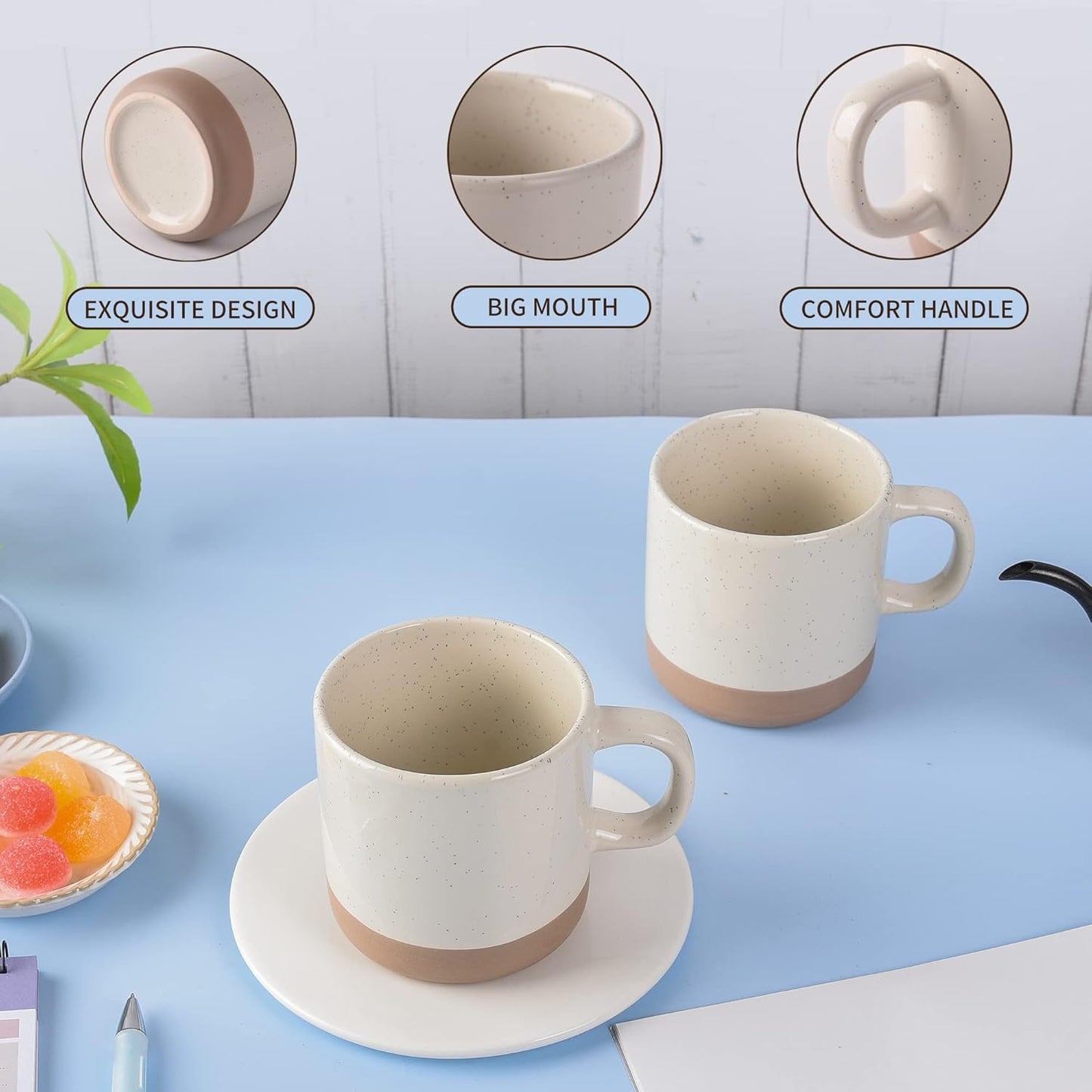 12oz Coffee Mug Set for 6, Tea Cups with Handle for Coffee, Tea, Cocoa, Milk (Cream)