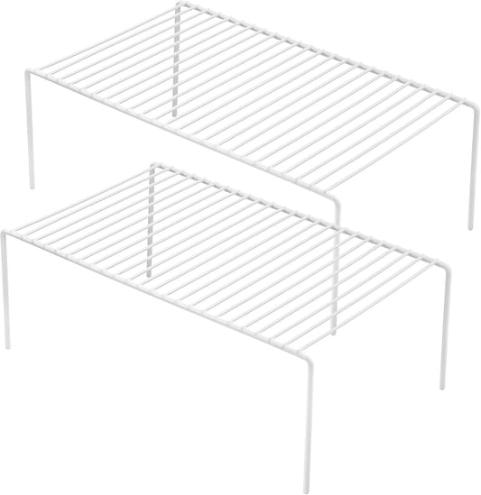 Kitchen Cabinet Shelf Organizer Set of 2, Large (15.7 x 9.4 inch) Metal Wire Pantry Storage Shelves, Dish Plate Racks for Cabinets, Freezer, Counter, Cupboard Organizers and Storage, White