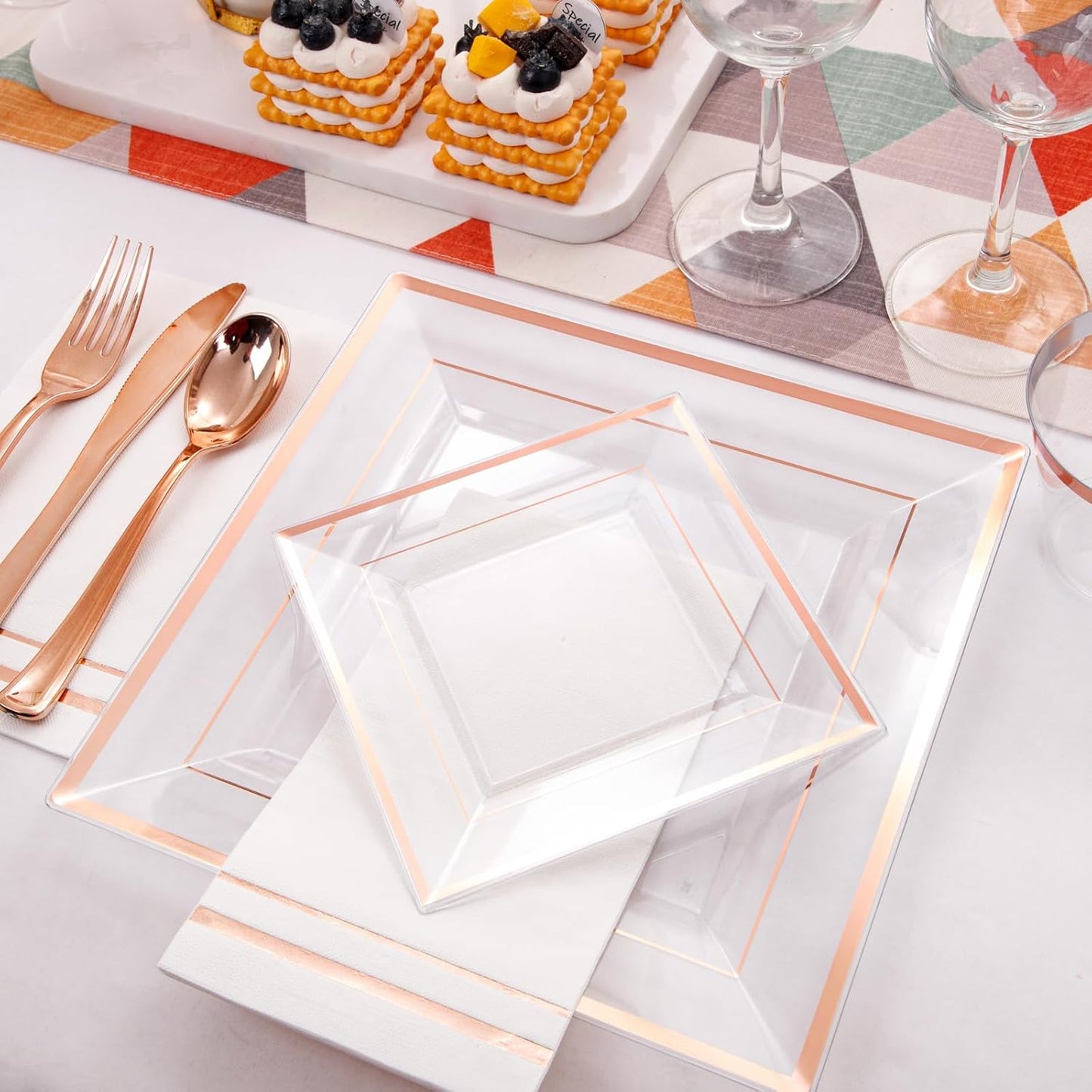 Festiva 350Pcs Rose Gold Plastic Plates - Clear Rose Gold Disposable Dinnerware Sets for 50Guests include 100 Plates 50 Cups 50Plastic Cutlery 50Napkins for Christmas Party&Wedding&Mother's Day