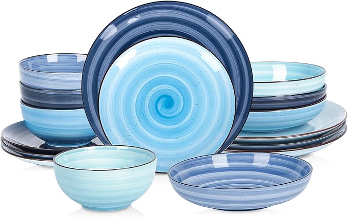 Selamica Ceramic 16-Pieces Dinnerware Set, Ceramic Dishes Set for 4, Kitchen Plates and Bowls Sets, Dinner Plates Set, Spray Black Dots, Gradient Blue