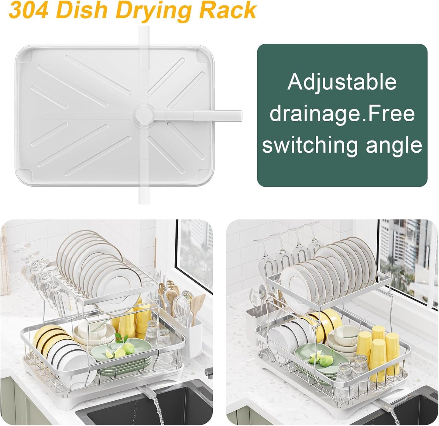 LIYI Dish Drying Rack,Large Dish Rack for Kitchen Counter,2-Tier Dish Racks with draining Tray,Detachable Capacity Dish Drainer Organizer,White