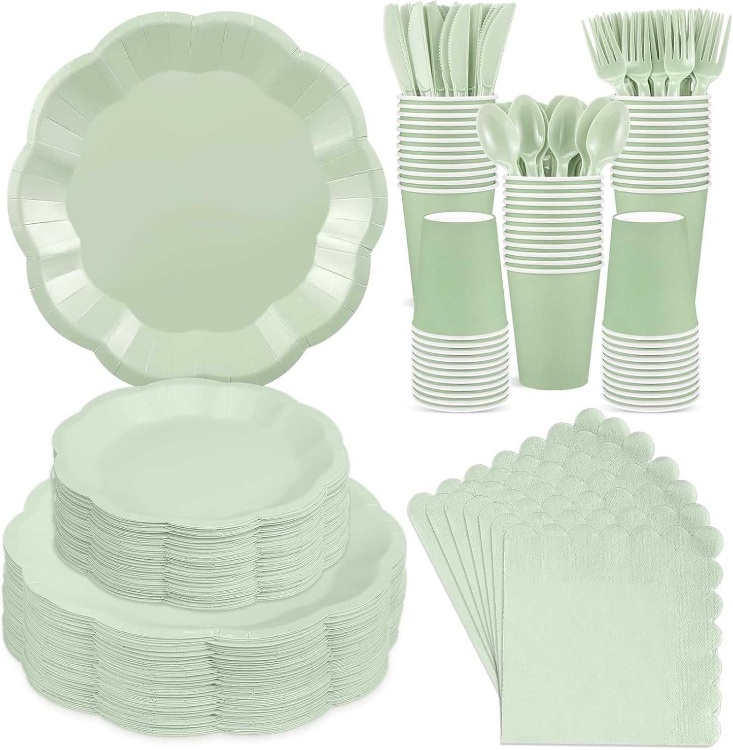 350 Pcs Sage Green Party Supplies Include Scalloped Plate Napkin Cup Forks Knives, Plastic Cutlery 50 Guest Disposable Party Tableware Set for Wedding Baby Shower Bridal Shower Birthday Parties