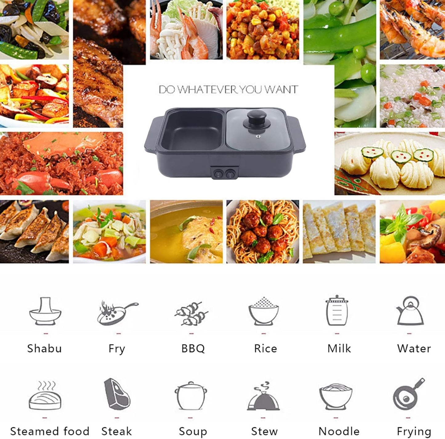 Hot Pot with Grill, Electric Hot Pot and Frying Pan, Shabu Shabu Pot with Grill, 2 in 1 Indoor NonStick Shabu Shabu Pot and Griddle, Dual Temperature Control, Fast Heating for BBQ Steak Noodles(Black)