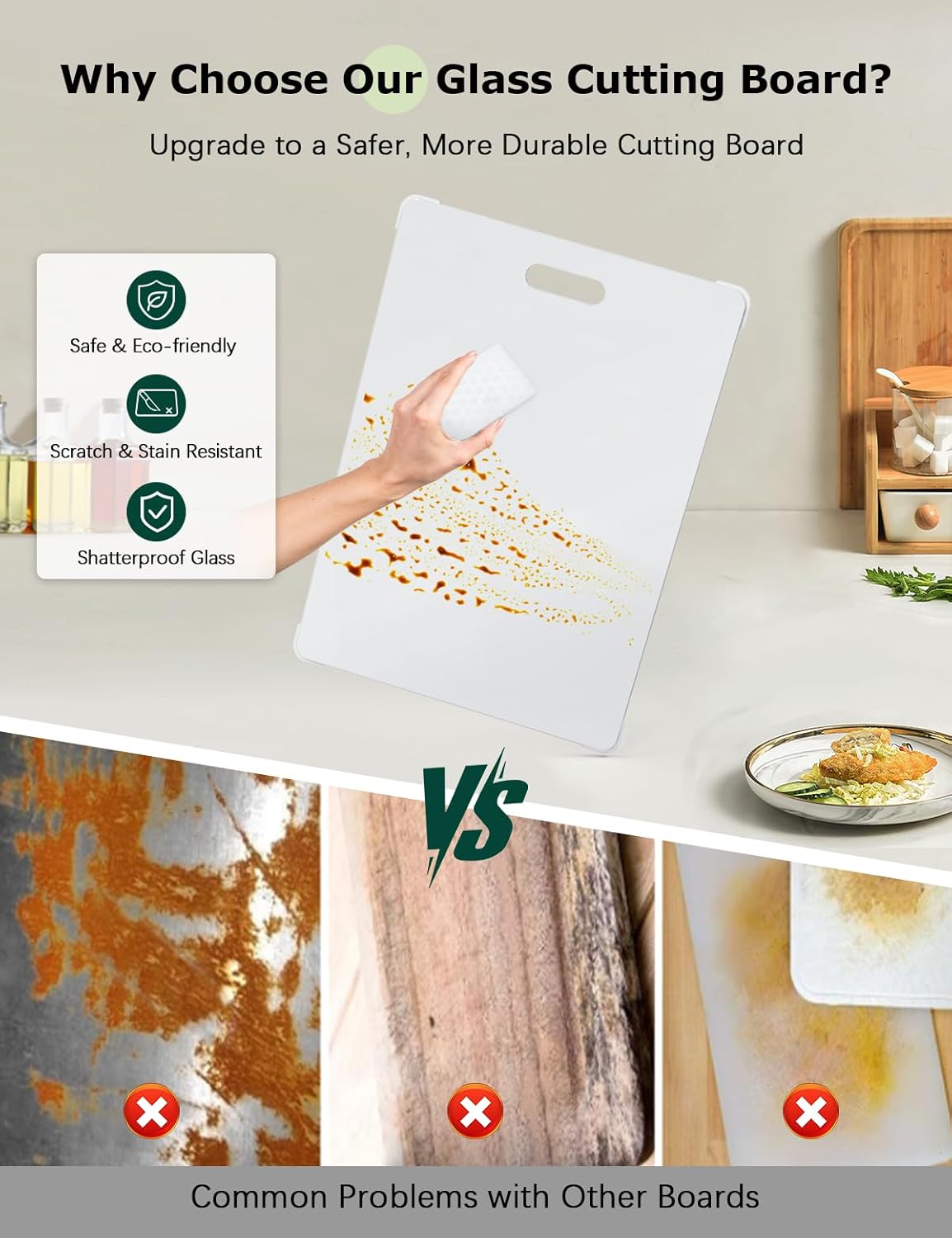 Tempered Glass Cutting Board Set, Large 12x16 Glass Cutting Board for Kitchen with 4 Non-Slip Feet, Heat & Shatter Resistant, Dishwasher Safe Perfect Kitchen Gift& Decor (Porcelain White)