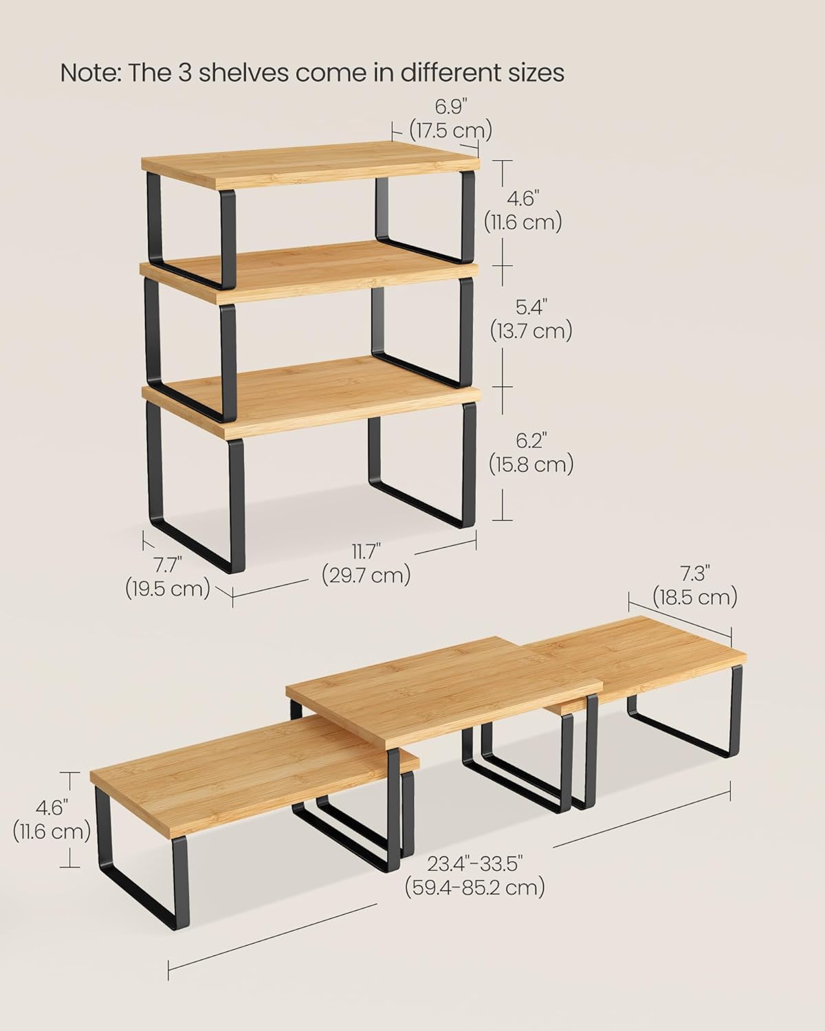SONGMICS Cabinet Organizer Shelf, Set of 3 Kitchen Counter Shelves, Kitchen Storage, Spice Rack, Stackable, Expandable, Ink Black and Natural Beige UKCS014YL03