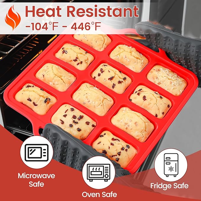 CAKETIME Silicone Mini Loaf Pan, 12 Cavities Metal Reinforced Frame Nonstick Food Grade for Baking Mini Bread, Brownie, Cornbread, Cheesecake and Chocolate (2 Pack)