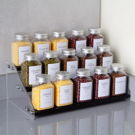 nianfeng Tiered Spice Rack, 3-Tier Spice Pantry Kitchen Cabinet Organizer, 12-Inch, Natural Wood Acrylic Stair Riser Stand, Countertop Seasoning Shelf (Black)