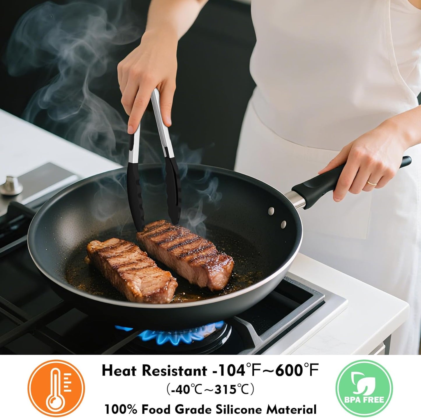 HOTEC Premium 7 & 9 Inch Kitchen Tongs, Stainless Steel Locking Cooking Tongs with Silicone Tips, Non-Scratch & Heat Resistant, Serving Tongs for Salad, BBQ, Black, Set of 2