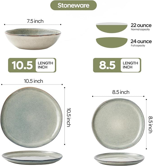 Bestone 12 Pieces Round Kitchen Dinnerware Sets，Plates and Bowls Sets,Dishes, Plates, Bowls, Dish Set, Chip Resistant Ceramic Dinnerware Set, Dishwasher/Microwave Safe,Service for 4,Sage green