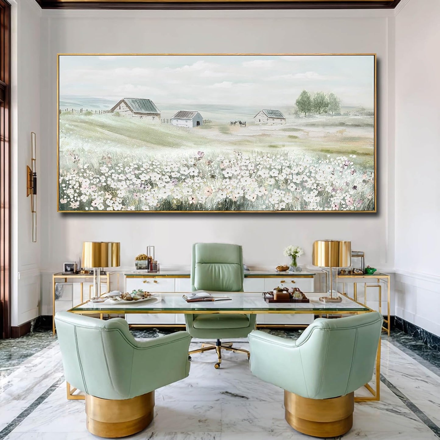 Farmhouse Framed Wall Art Landscape Wall Decor Green Wall Print 36"x70" Bedroom Artwork for Wall Over Bed Office Pictures