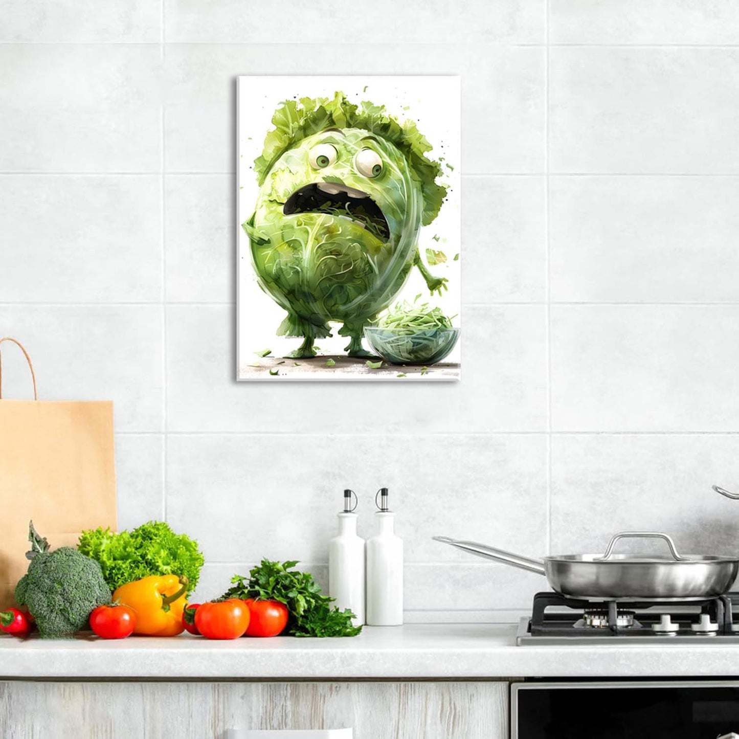 OIQArtOIQ Funny Kitchen Wall Art, Weird Kitchen Wall Decor, Vegetable Paintings Cool Postsers, Food Art, Eclectic Decor Dining Room, Chef Canvas Wall Art Print Artwork, Pickle Pictures