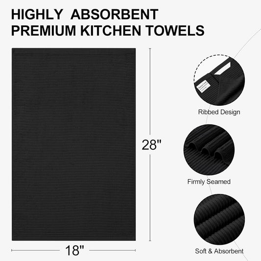 Homaxy Premium Kitchen Towels (18"x 28", 6 Pack), Large 100% Cotton Kitchen Hand Towels, Ultra Absorbent Ribbed Terry Tea Towels Set with Hanging Loop, Black