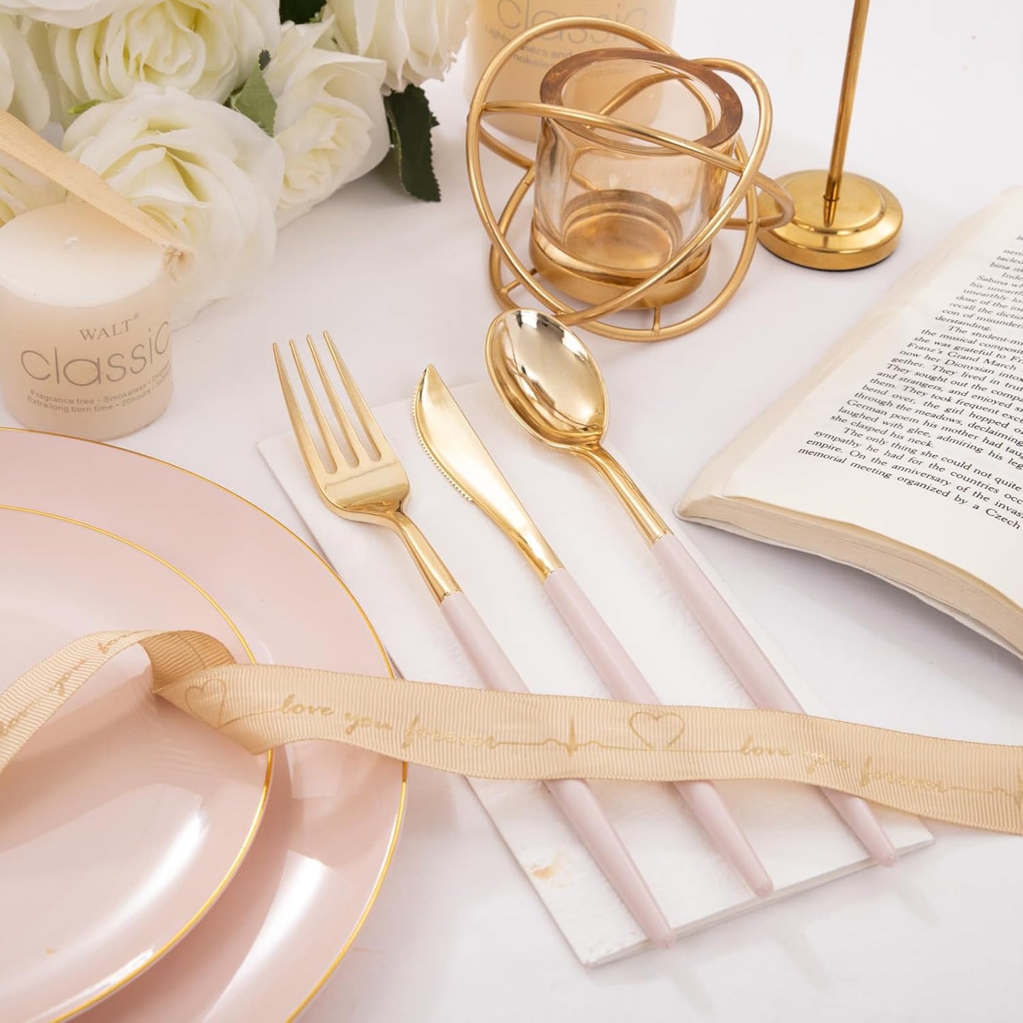 I00000 300 Pack Gold Silverware with Pink Handle, Pink Plastic Utensils Set, Disposable Cutlery include100 Forks, 100 Knives, 100 Spoons,Plastic Cutlery Set for Wedding & Party