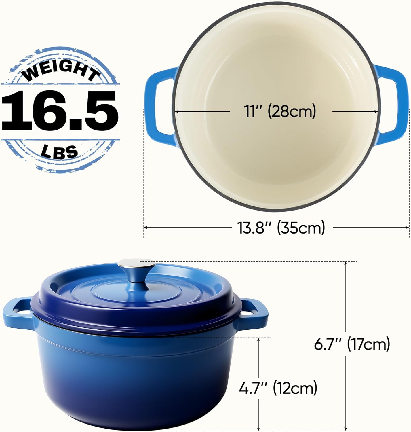 7 Quart Dutch Oven Pot with Lid, Non Stick Enameled Cast Iron Dutch Oven for Bread Baking, Heavy-Duty, Oven Safe Ceramic Cookware Up to 500°F for Baking, Braising, Stews, Roasting, Blue