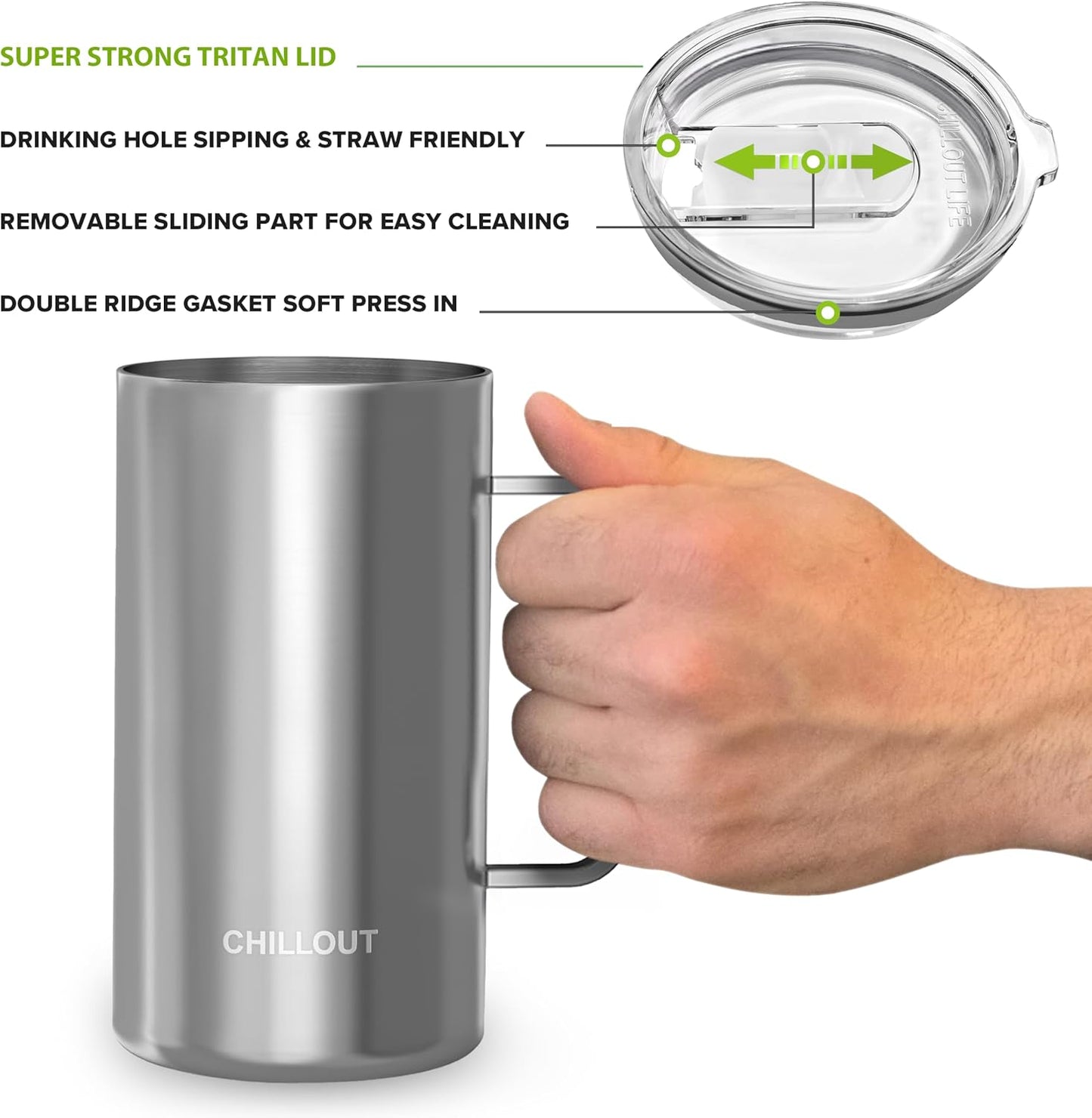 CHILLOUT LIFE Stainless Steel 20 oz Vacuum Insulated Coffee Mug with Handle and Lid, Large Thermal Camping Coffee Mug Cup with Durable Sliding Lid for Men & Women, Keeps your Beverages Hot/Cold