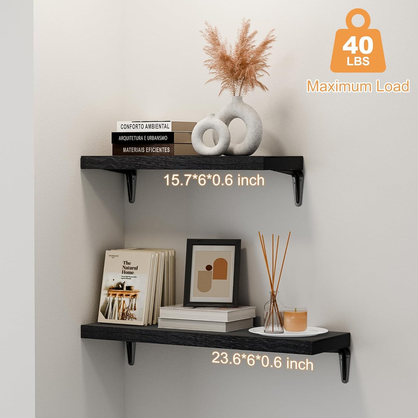 SKYSEN Floating Shelves for Wall Set of 6, 15.7in Wood Wall Shelf for Decor, Bathroom, Bedroom, Storage, Book,Kitchen, Living Room - Black(fs-40-b)