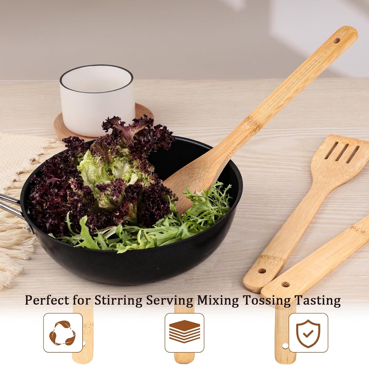 HANSGO Wooden Spoons for Cooking, 7PCS Kitchen Bamboo Cooking Utensils, Wooden Utensil Set for Stirring, Mixing, Serving, Nonstick, Healthy