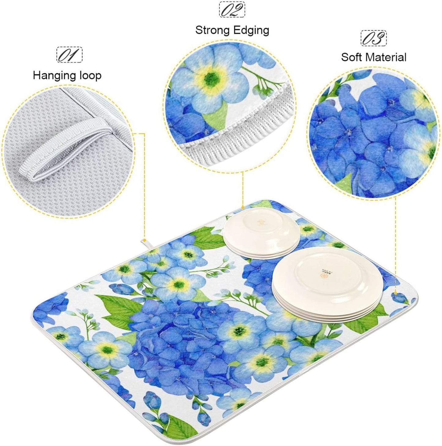 Watercolor Hortensia Blue Flowers Dish Drying Mat Super Absorbent Drying Mat 16x18 inch Large Dish Drying Mats for Kitchen Counter Dish Drying Pads Kitchen Drying Matt for Countertop