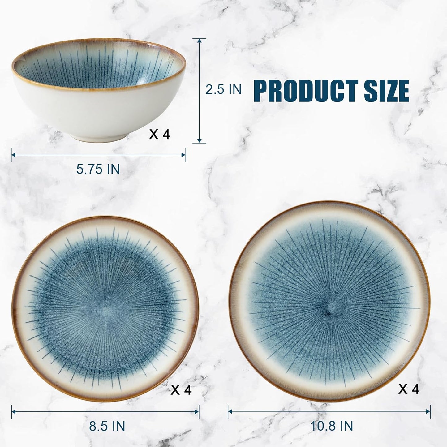 Blue Stoneware Dinnerware Set, 12 Pieces, Blue Stripe Marble, Dishwasher & Microwave Safe
