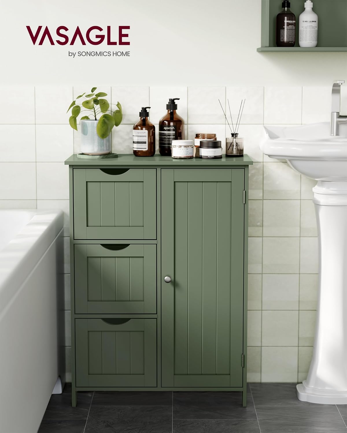 VASAGLE Floor Storage Cabinet, Freestanding Storage Unit with 3 Drawers, 1 Adjustable Shelf, for Bathroom Living Room Dining Kitchen, 11.8 x 23.6 x 31.5 Inches, Forest Green UBBC049C01