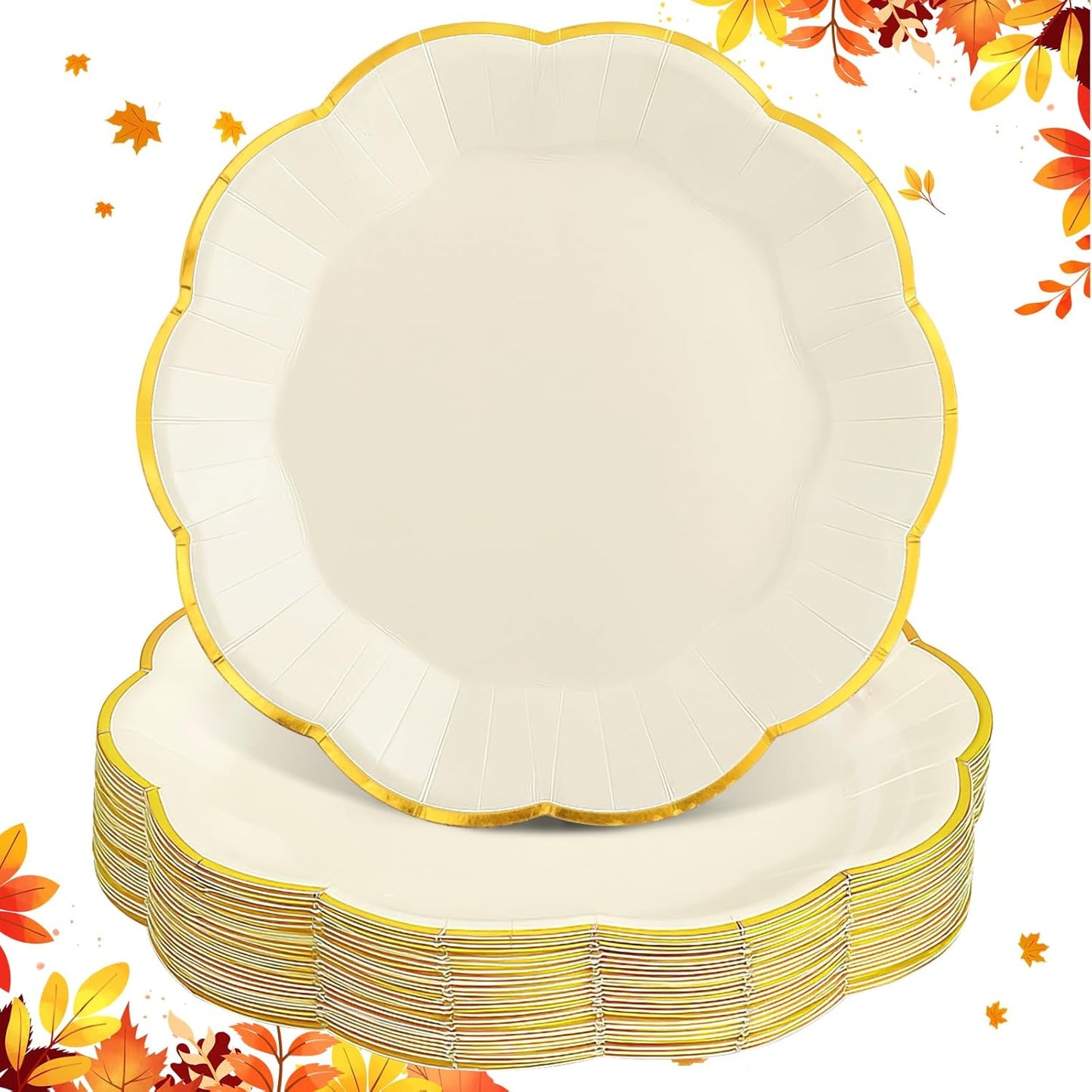 30 Pcs Thanksgiving Paper Plates, 9 Inch Ivory Paper Plate with Gold Trim Cute Beige Disposable Scalloped Plates for Friendsgiving, Baby Shower, Wedding