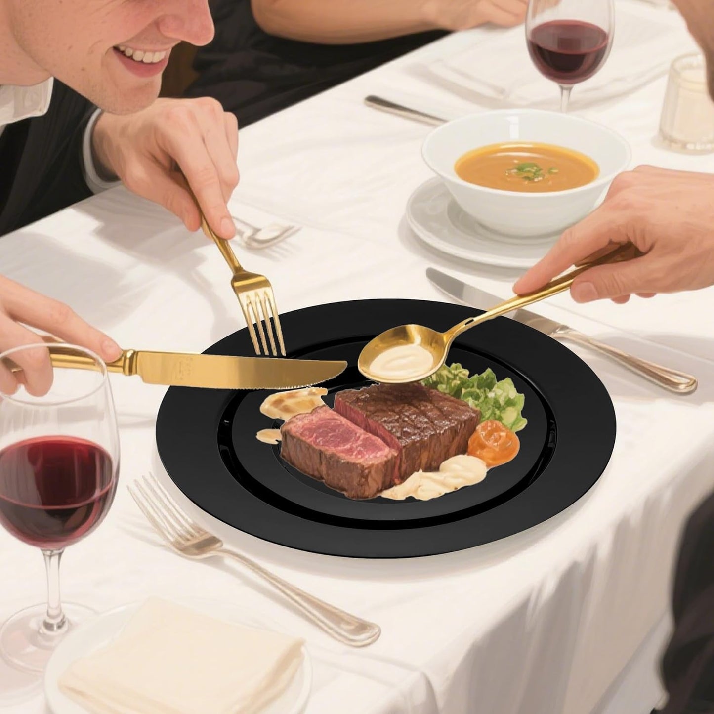 100 PCS Black Plastic Plates, Plastic Halloween Disposable Plates Include 50 10 inch Dinner Plate and 50 7 inch Dessert Plate Perfect for Party, Wedding,Halloween