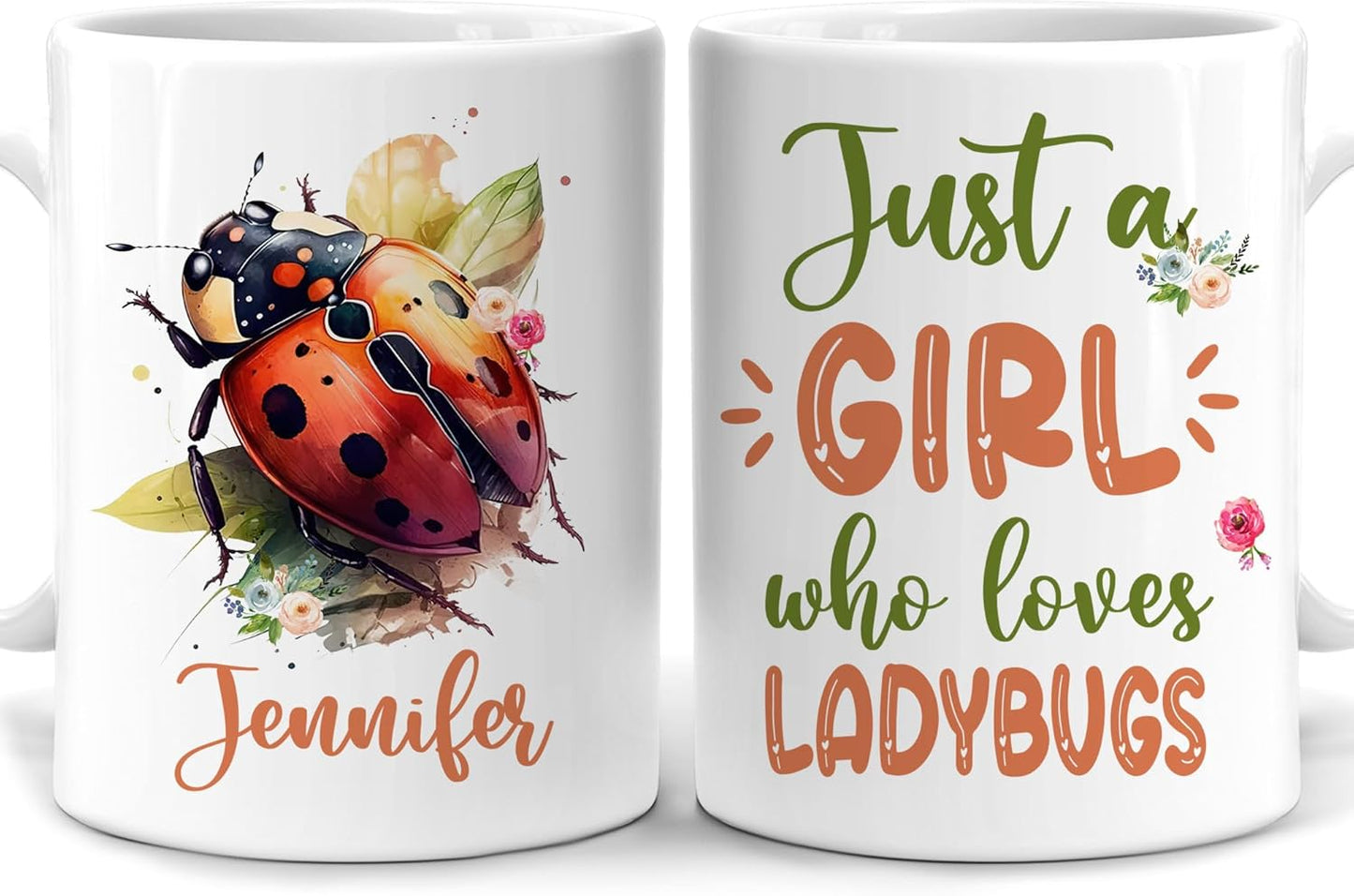 Hyturtle Personalized Gifts LadyBug Lover - Just A Girl Who Loves LadyBugs Custom Name Ceramic Coffee Mug Cup 11oz - Idea Cute Animal Lover Gifts For Women, Girl Daughter On Birthday, Christmas
