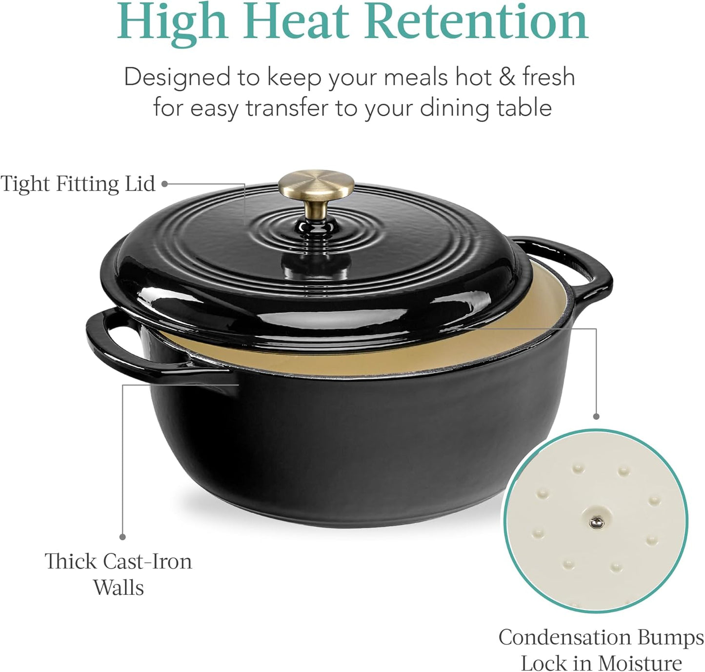 Best Choice Products 7.5 Quart Enamel Cast-Iron Round Dutch Oven, Family Style Heavy-Duty Pre-Seasoned Cookware for Home, Kitchen, Dining Room, Oven Safe w/Lid, Dual Handles - Black Licorice