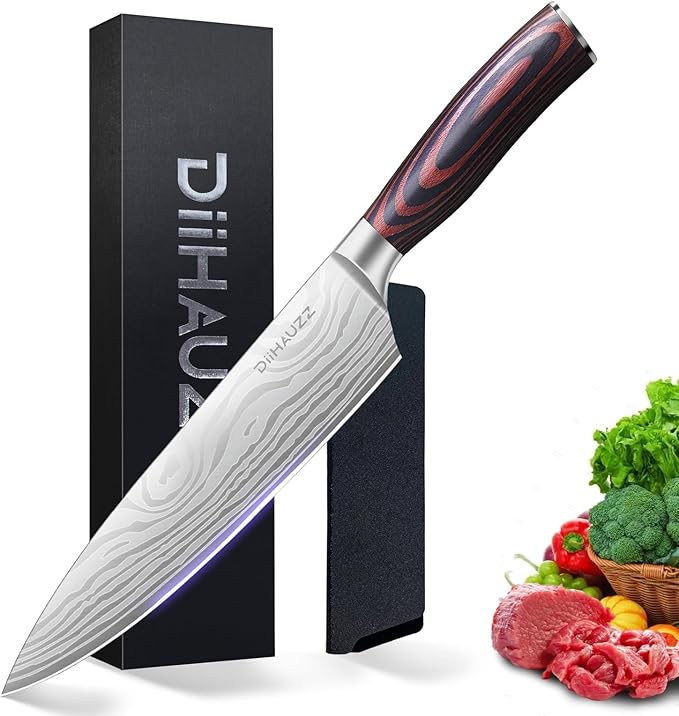 Chef Knife, 8 Inch Kitchen Knife, Ultra Sharp High Carbon Stainless Steel for Professional and Home Chefs with Ergonomic Handle, Roll Forged Utility Knife with Sheath and Gift Box
