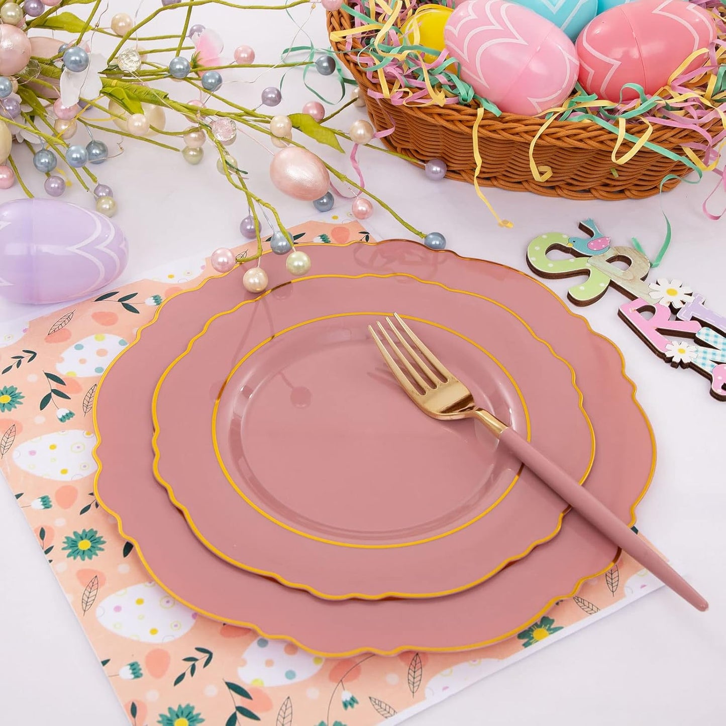 Nervure 100Pcs Mauve Pink Plastic Plates - Mauve and Gold Plastic Dinnerware Sets for 20 Guests - 20 Dinner Plates, 20 Dessert Plates, 20 Forks, 20 Knives and 20 Spoons for Wedding & Party