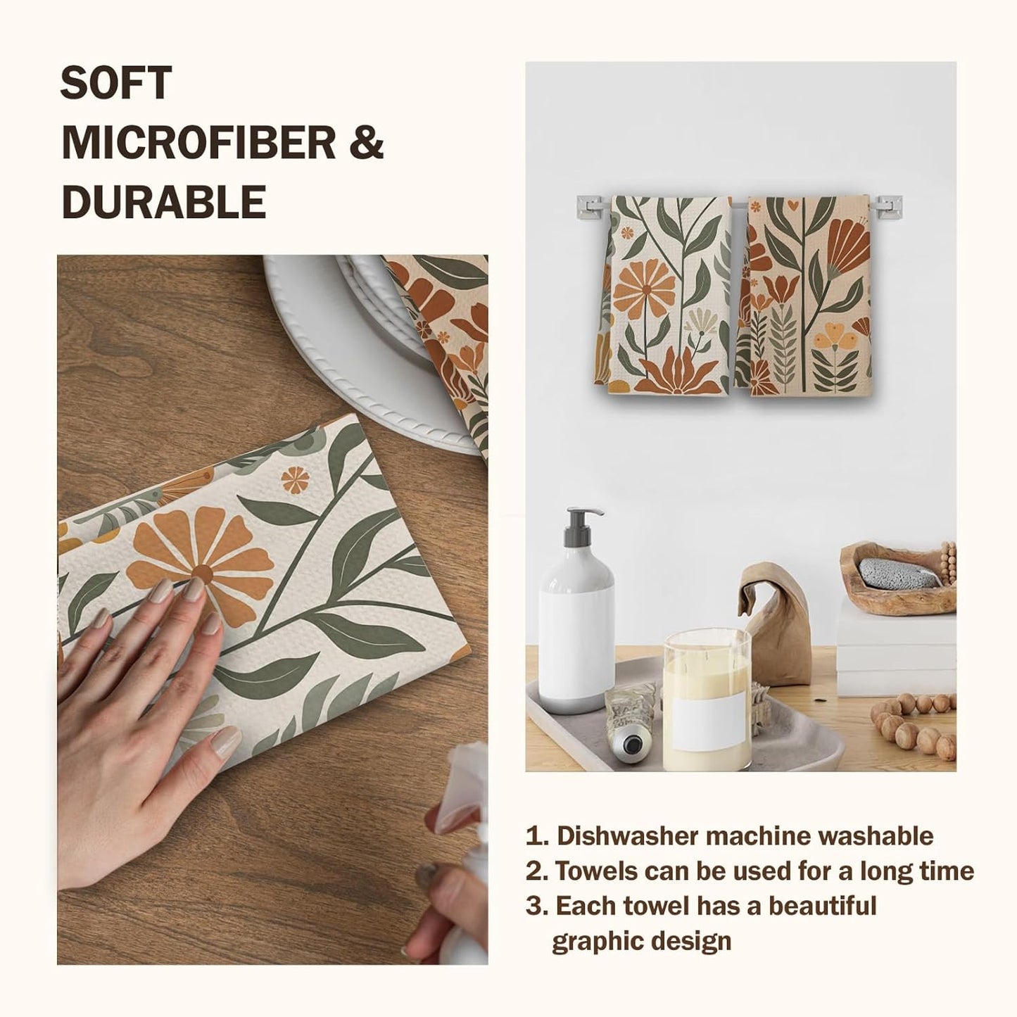 Boho Floral Kitchen Towels, Abstract Flowers House Hand Towel Set of 2, Vintage Gifts for Home Bathroom Holiday Decor - A03