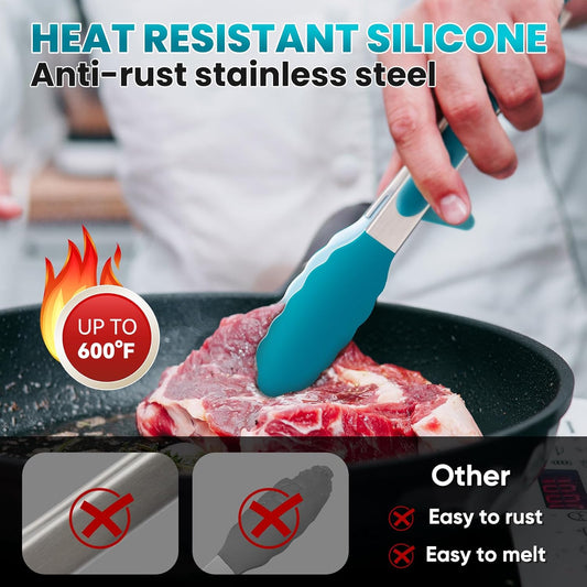 5-Pack Silicone Tongs for Cooking,Maywe Tanso 4PCS 13-Inch Kitchen Tongs with Silicone Tips,Nonstick Stainless Steel Tong for Steak Pie Pizza Pasta Spaghetti Salad BBQ Buffet,Plus Brush