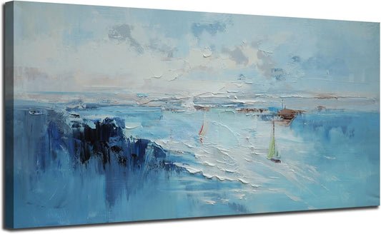 Ardemy Abstract Wall Art for Living Room Teal Coastal Sailboat Textured Bedroom Pictures Wall Decor Artwork for Walls Home Office Kitchen Dining Room, 40"x20"