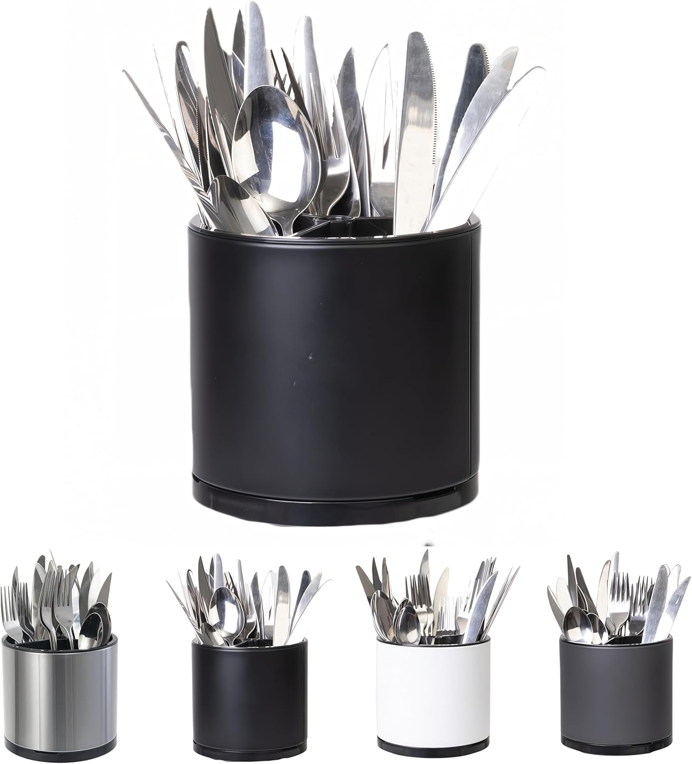 Silverware Organizer Kitchen Utensil Holder 360°Rotating For Counter Organizer Stainless Steel Storage Silverware Caddy 3 Compartment Flatware Spoon Spatula Tool Cutlery Container(Black)