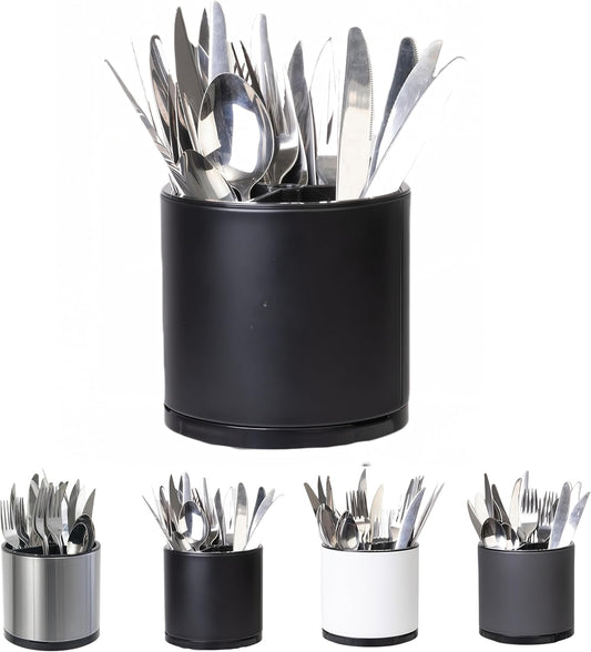 Silverware Organizer Kitchen Utensil Holder 360°Rotating For Counter Organizer Stainless Steel Storage Silverware Caddy 3 Compartment Flatware Spoon Spatula Tool Cutlery Container(Black)