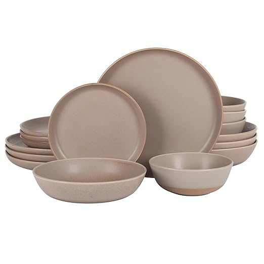 Gibson Elite Laguna Bliss 16 Piece Stoneware Reactive Glaze (Service for 4) Ceramic Plates and Bowls Dinnerware Set - Matte Beige-Gray W/Terracotta Bottom