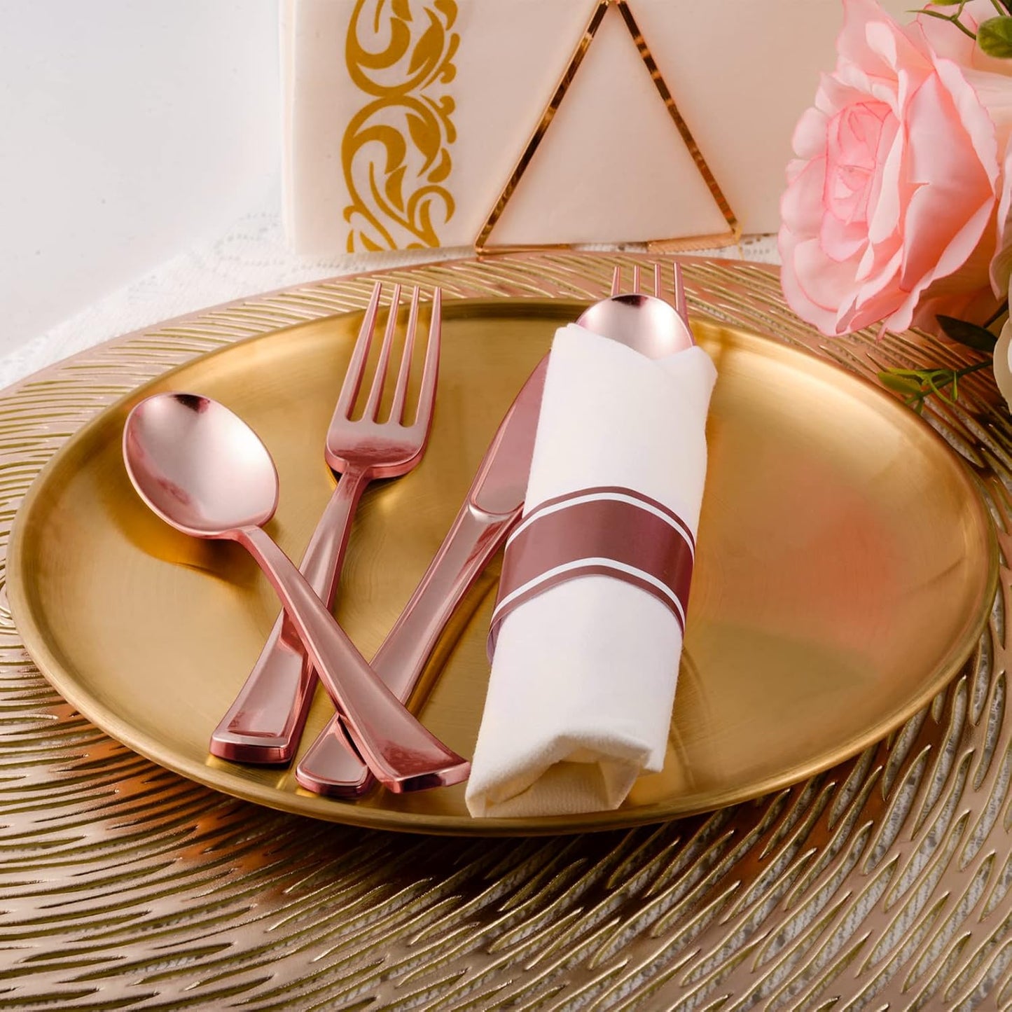 Rose Gold Disposable Plastic Silverware - 100Pack Pre Rolled Plastic Cutlery, Wrapped Party Silverware, Rolled Disposable Utensils with 100 Forks Knives Spoons Dinner Napkins for Party