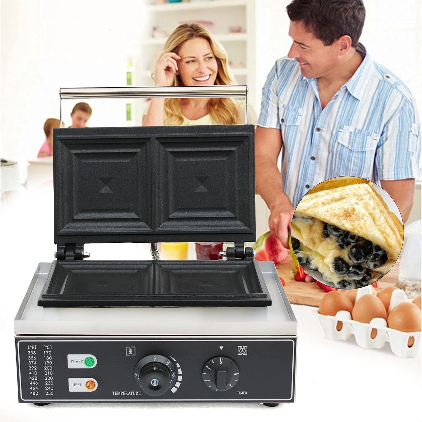 2-In-1 Commercial Sandwich Maker, 1500W Breakfast Sandwich Maker, Electric Sandwich Maker w/Nonstick Plates, Grilled Cheese Toaster, w/Adjustable Temp, for Bakeries, Restaurants