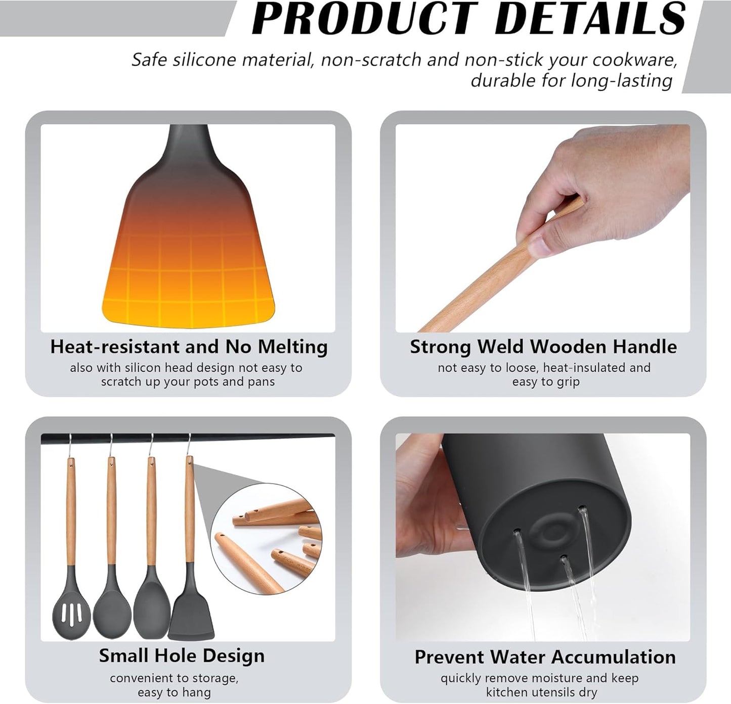 HaWare Kitchen Cooking Utensils Set, 23-Piece Silicone Kitchen Utensils Spatula Set with Holder, Heat Resistant Wooden Handle Kitchen Gadget for Nonstick Cookware, Food-grade Turner Spoon Sets (Grey)