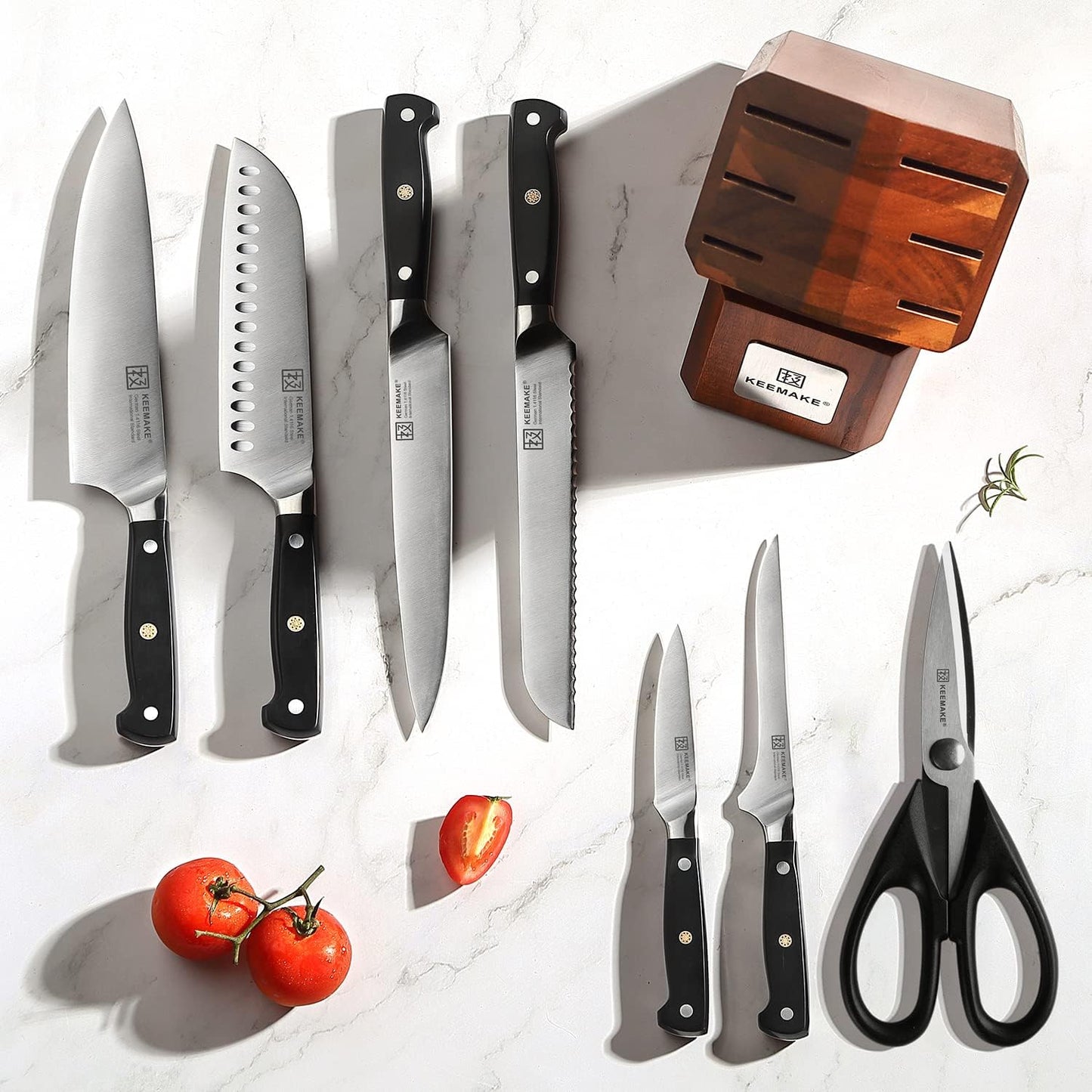 KEEMAKE Kitchen Knife Set with Block, 8Pcs Razor Sharp Chef Knife Set, High Carbon Stainless Steel Knife Block Set with Kitchen Scissors, Cooking Knife Set for Meat Vegetable Fruit
