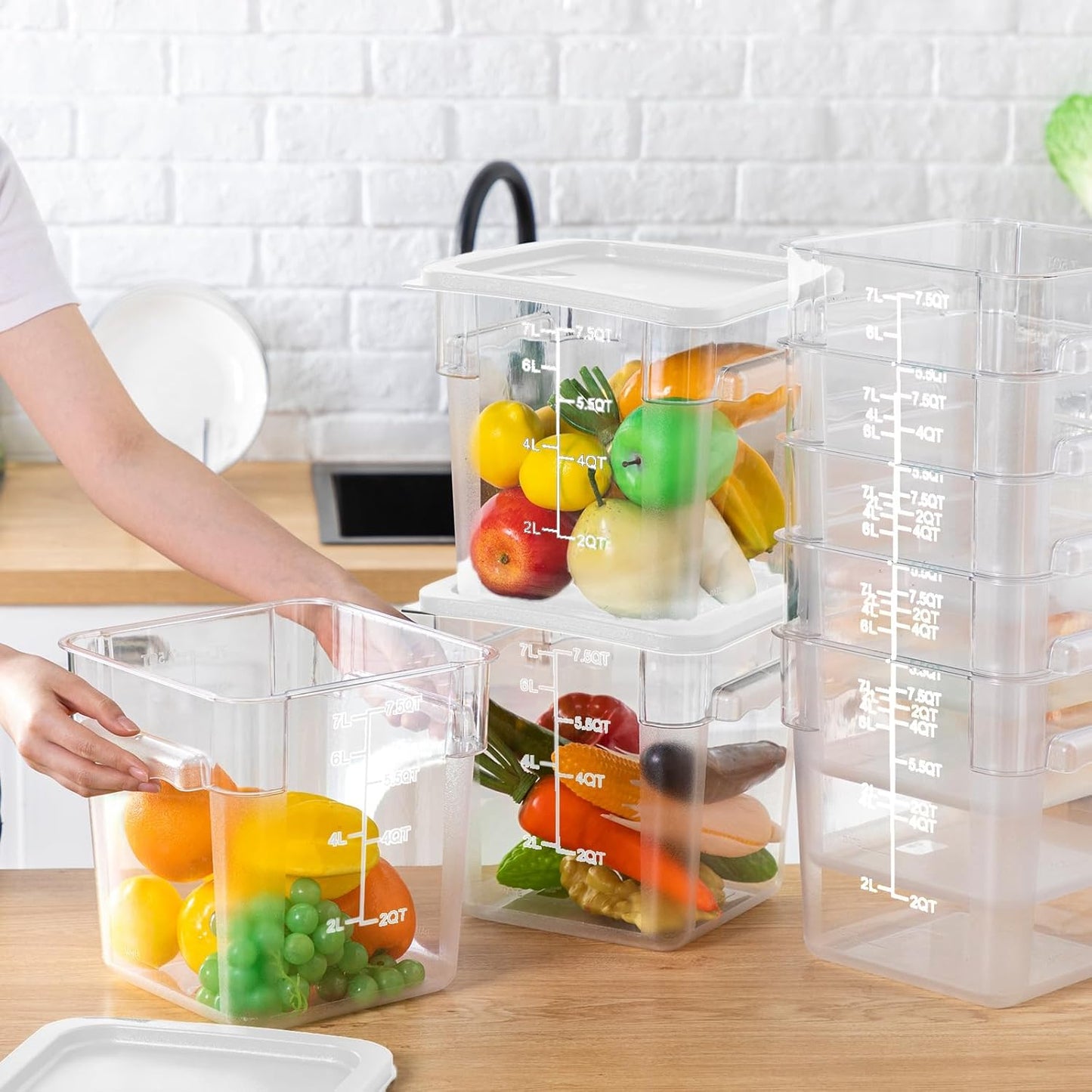 Lallisa 8 Pack 8 Qt Clear Food Storage Container with Handles and Lid Commercial Grade Square Food Storage Containers Polycarbonate Air Tight box for Home Kitchen Restaurant (White)