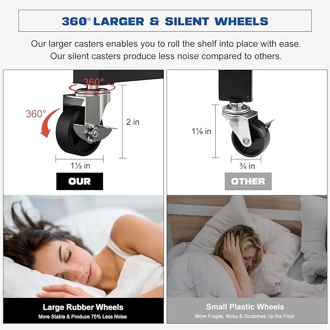 Lifetime Home 3-Tier Foldable Storage Shelf with Wheels - Metal Rack Collapsible Shelving Unit Display, Rolling Cart for Books Kitchen Storage Shelves, Pantry & Closet Organizer, Office Room Decor