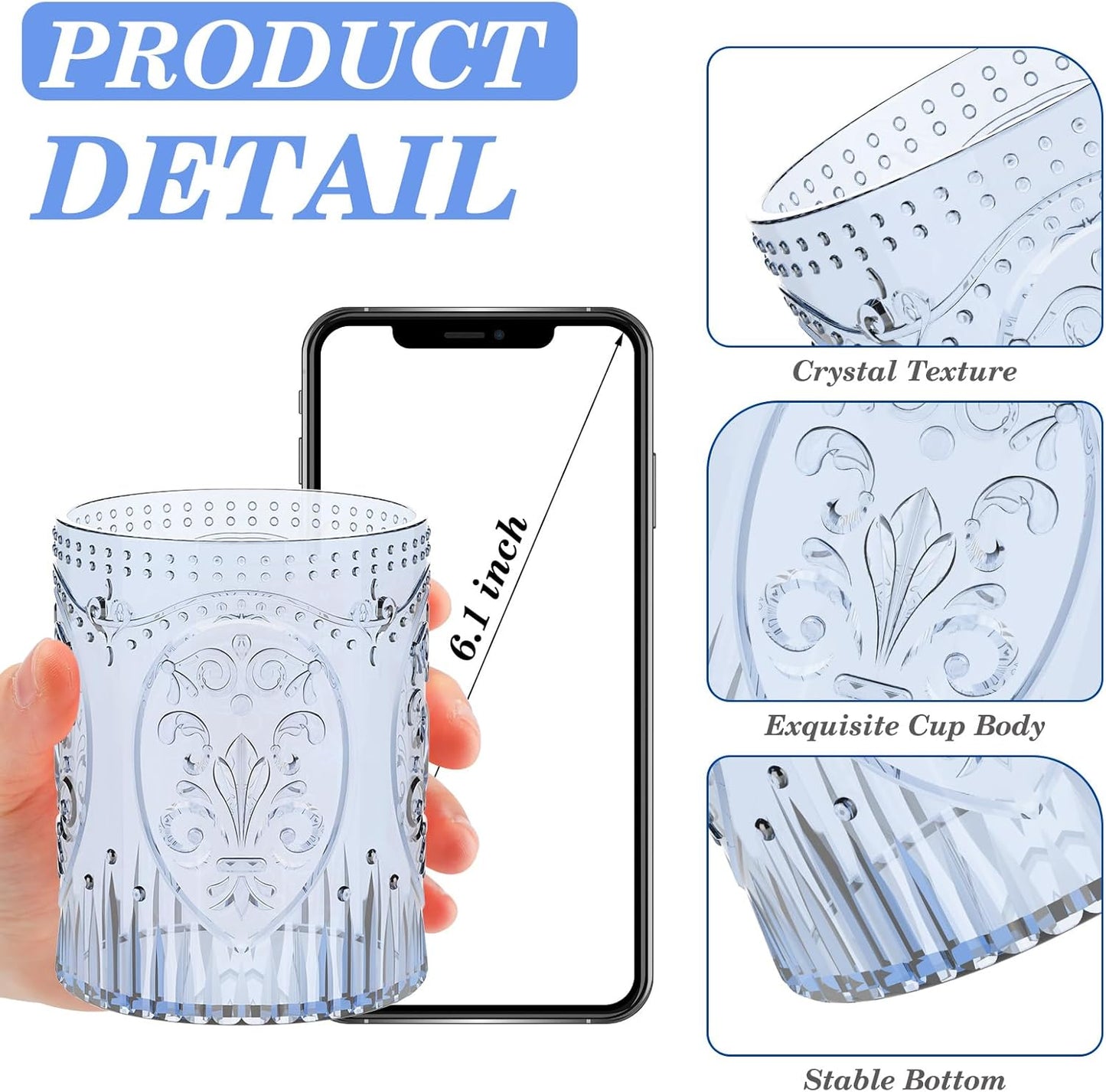 12 Plastic Vintage Drinking Glasses 8.5oz Stemless Retro Embossed Wine Glasses Shatterproof Reusable Cups for Baby Shower Wedding Reception Grand Event Party (Blue)