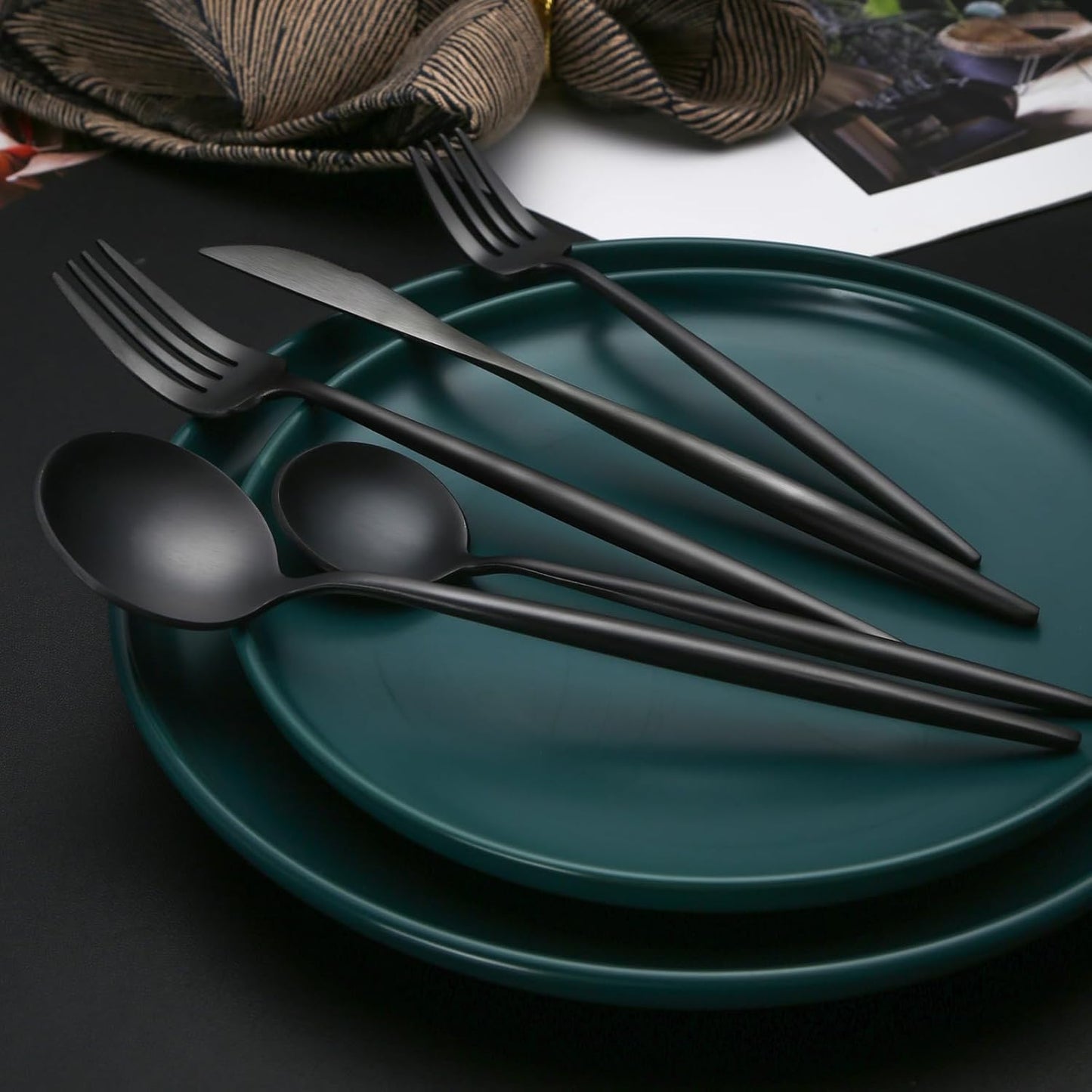 40 Pieces Matte Black Silverware Set, Stainless Steel Black Flatware Set for 8, Satin Finish Spoons and Forks Silverware Set, Black Cutlery Utensils Set, Dishwasher Safe