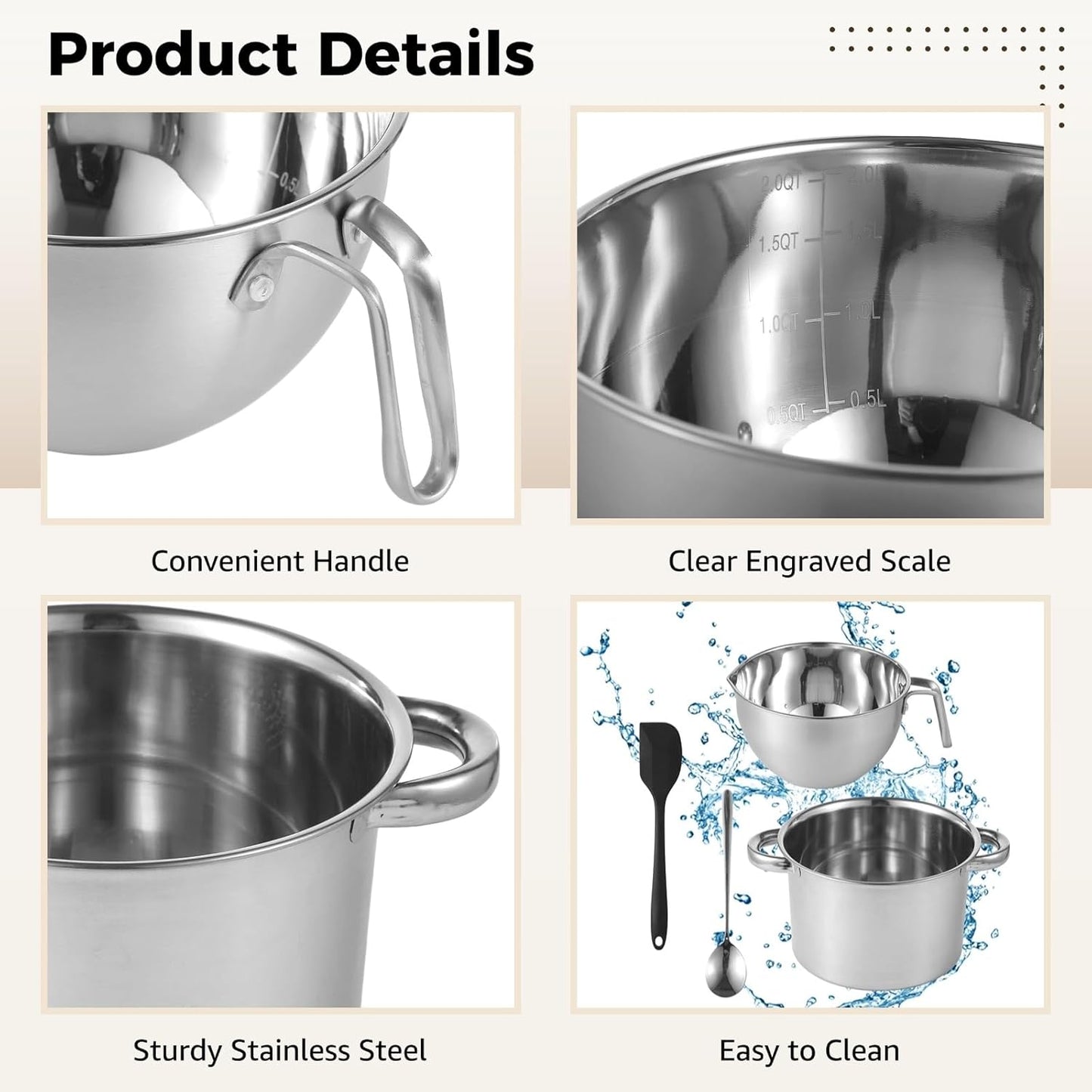 Double Boiler Set with Silicone Spatula - 2.0 QT Stainless Steel Double Boiler with Scale & Handle for Melting Chocolate, Soap, Wax, Candle Making